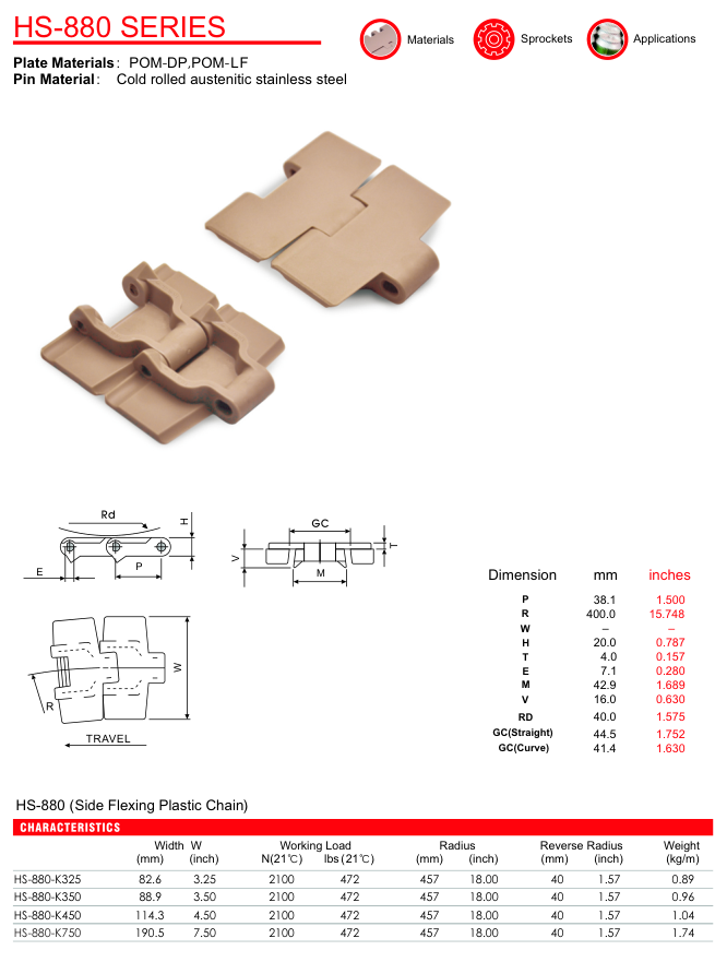Цепь пластинчатая пластиковая серии HS-880